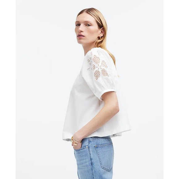Madewell Puff Sleeve A Line Top Embroidered Poplin White Cottagecore Medium NWT - Picture 2 of 14